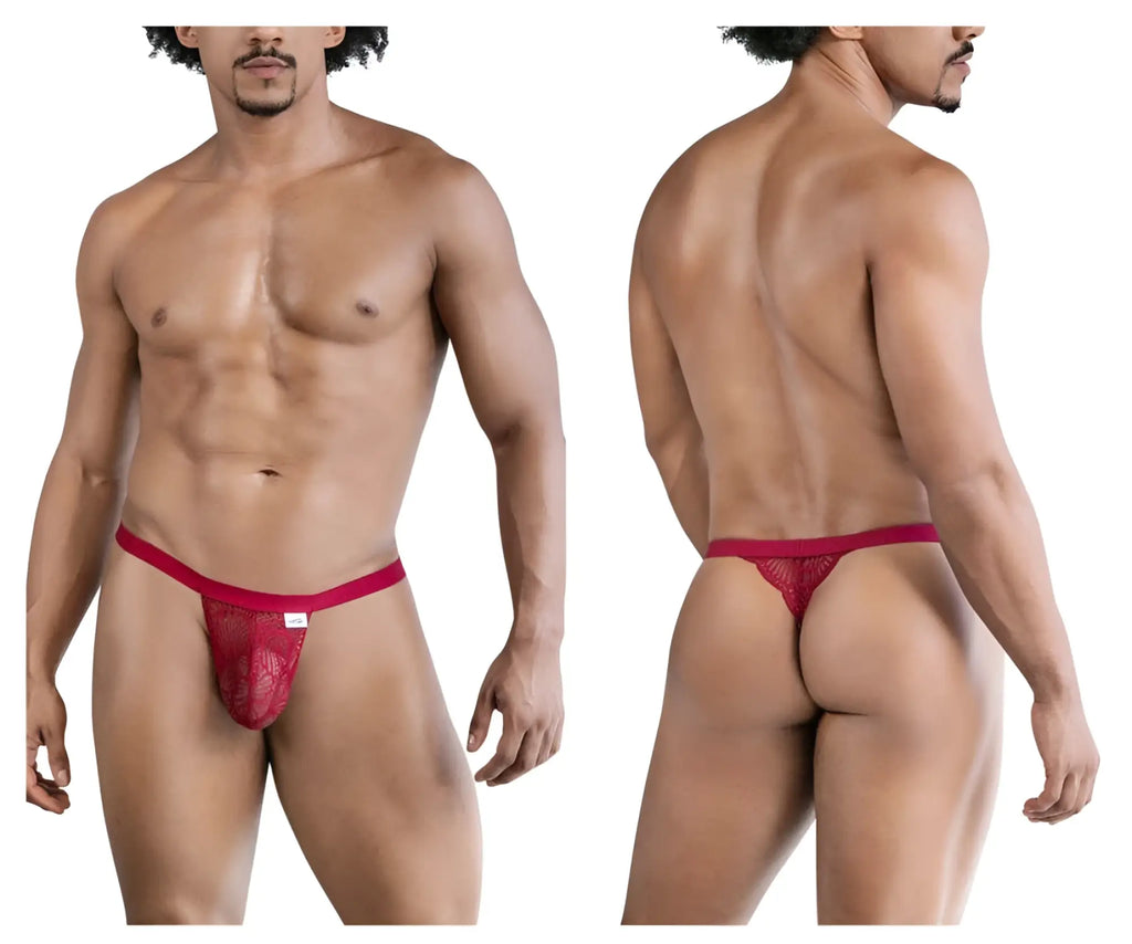 CandyMan 99823 wine lace thong with solid waistband and intricate lace pattern in red wine color