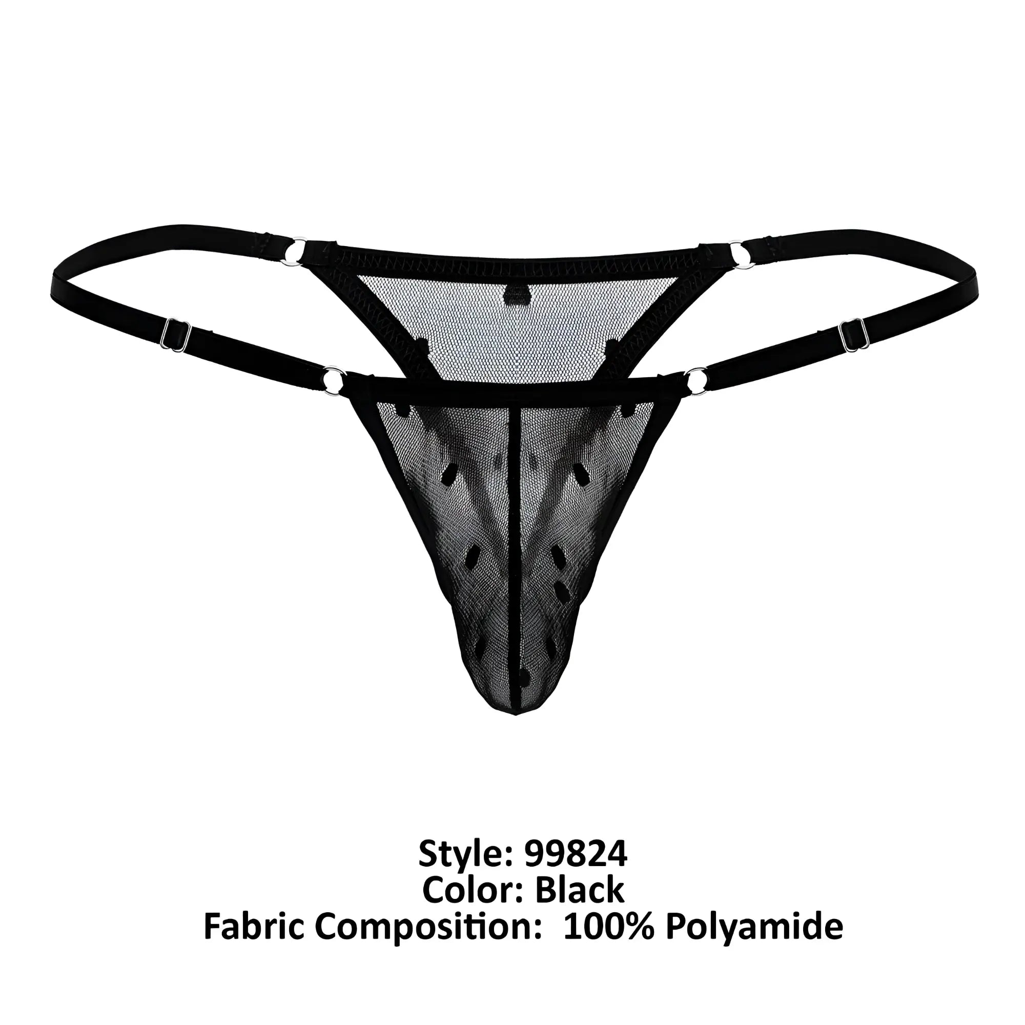 Black mesh thong candyMan 99824 with adjustable straps and silver-toned metal clasps in front view