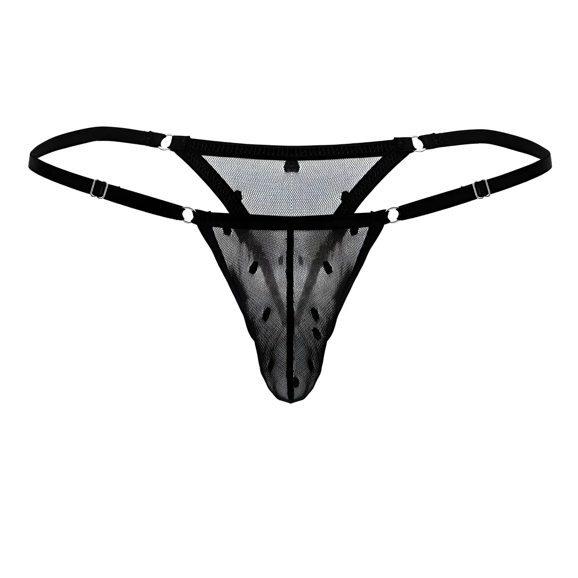 Black mesh thong candyMan 99824 with adjustable straps and silver-toned metal clasps shown from the back side