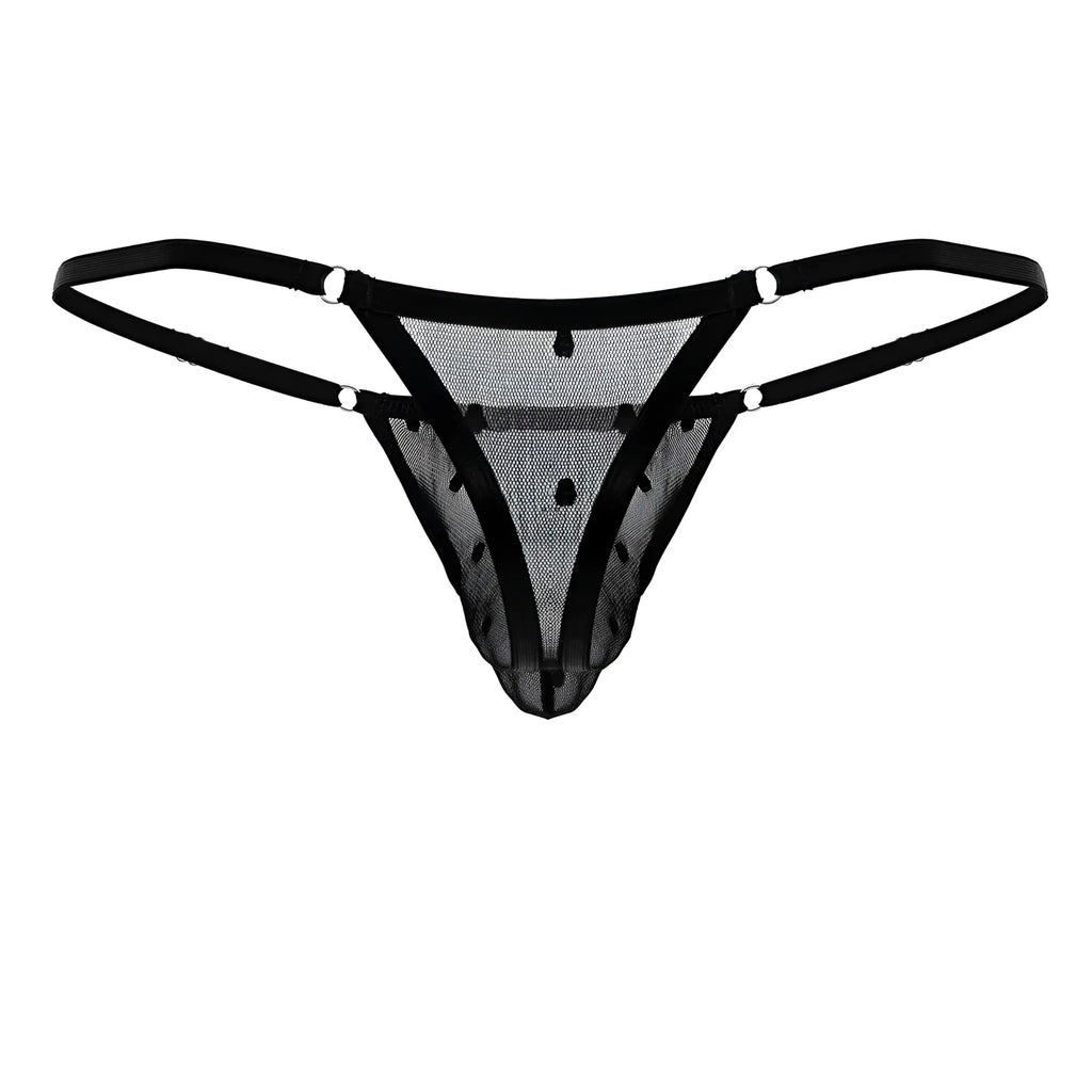 Candyman 99824 black mesh thong with thin straps and small black dots showcasing sheer fabric design