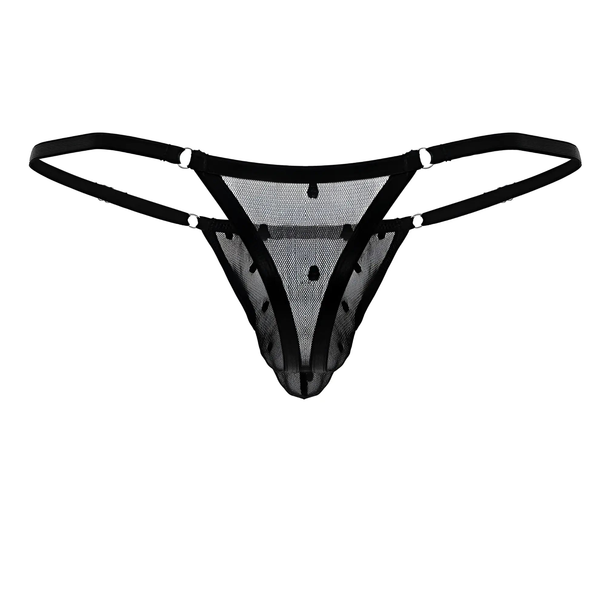 Candyman 99824 black mesh thong with thin straps and small black dots showcasing sheer fabric design