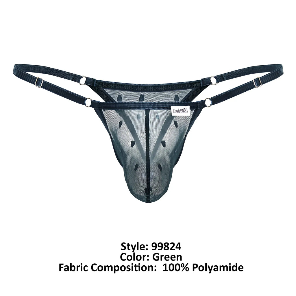 Black mesh thong candy man 99824 with adjustable straps silver toned metal hardware in green color