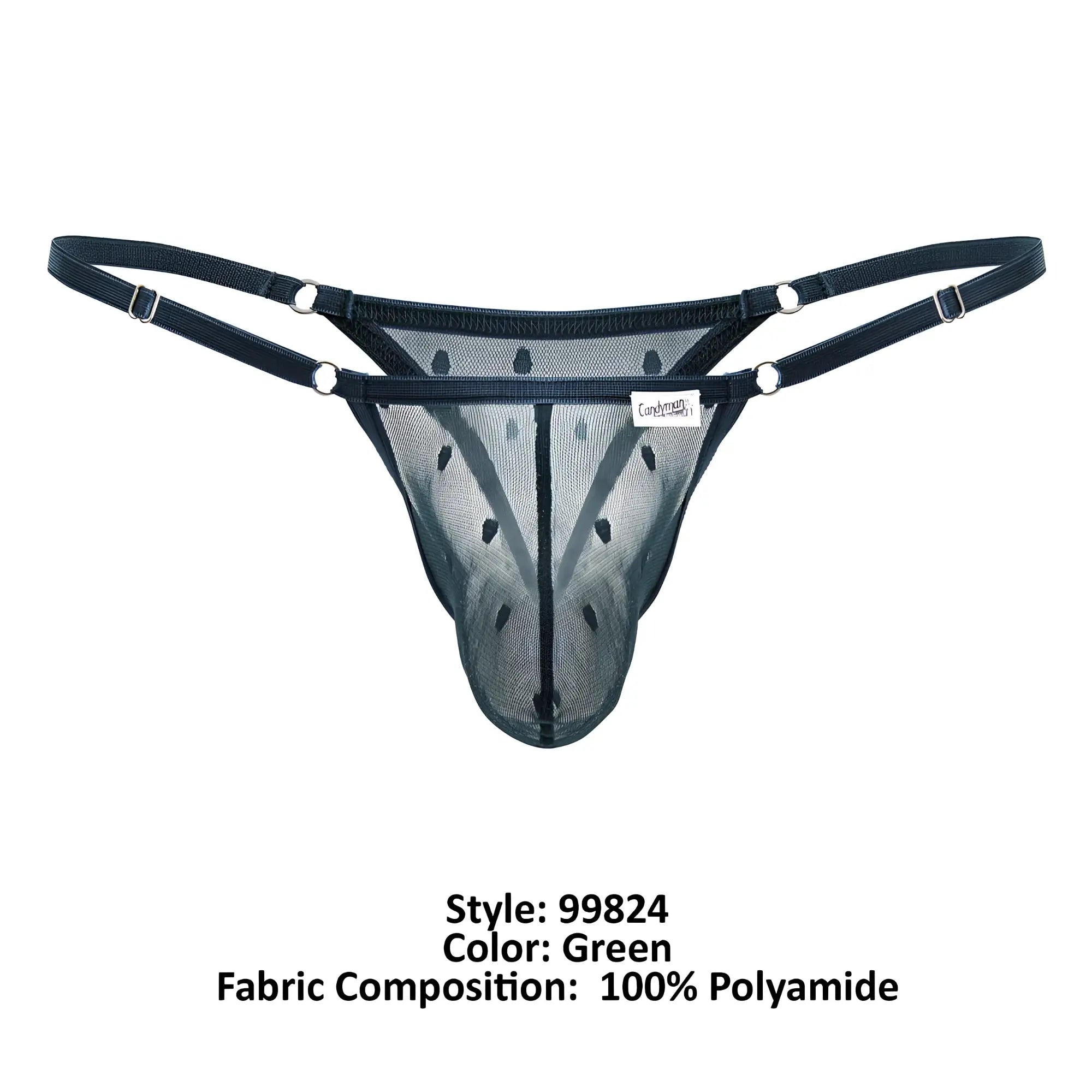 Black mesh thong candy man 99824 with adjustable straps silver toned metal hardware in green color