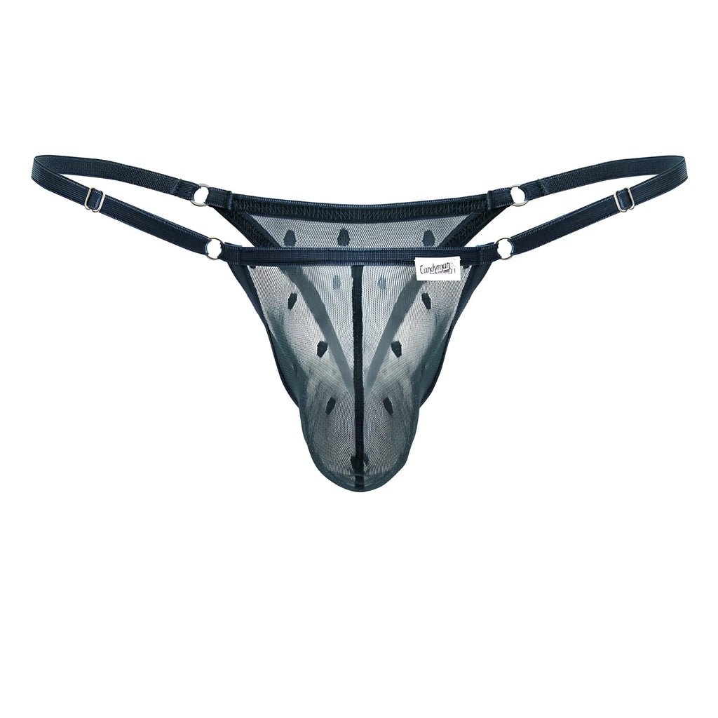 CandyMan 99824 mesh thong in green with black mesh fabric adjustable straps and silver-toned metal hardware