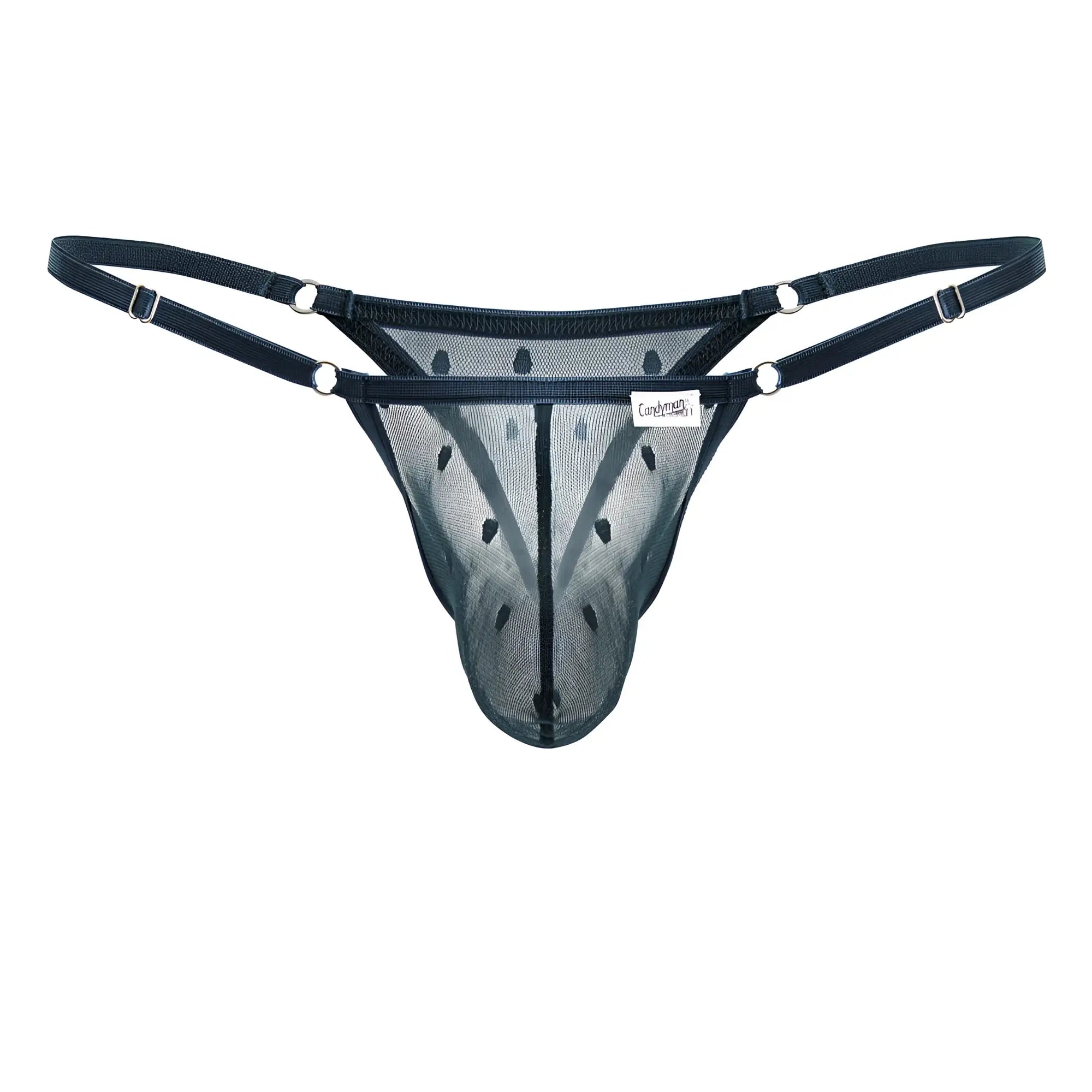 CandyMan 99824 mesh thong in green with black mesh fabric adjustable straps and silver-toned metal hardware