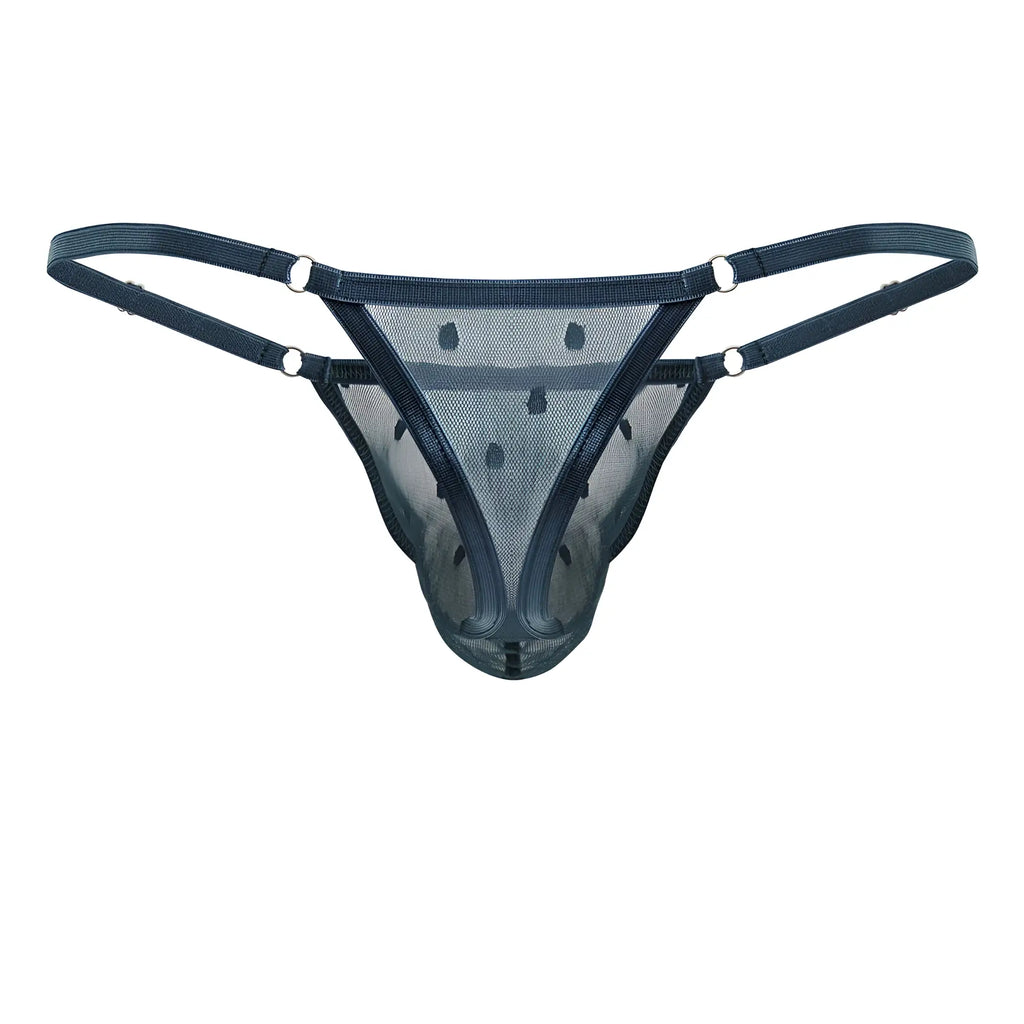 Black mesh thong with adjustable straps and silver metal rings in green candyMan 99824 mesh thong design