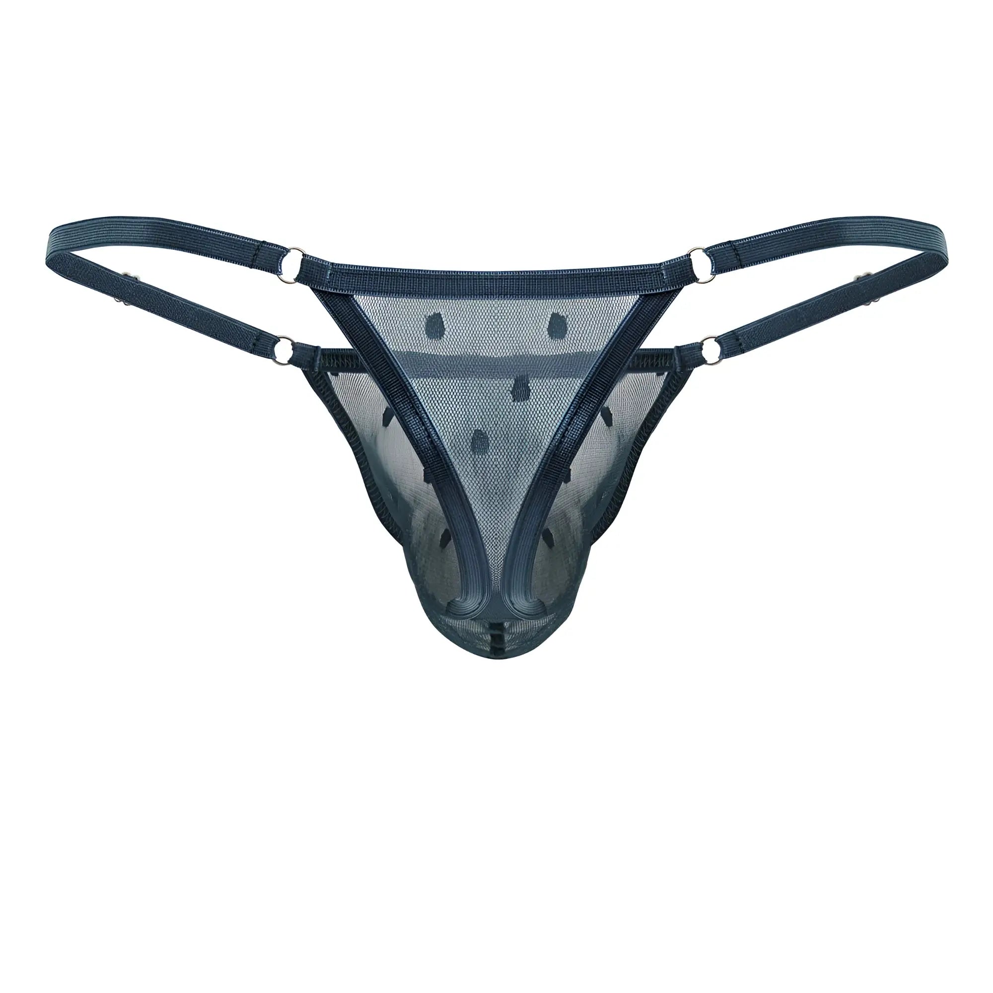 Black mesh thong with adjustable straps and silver metal rings in green candyMan 99824 mesh thong design