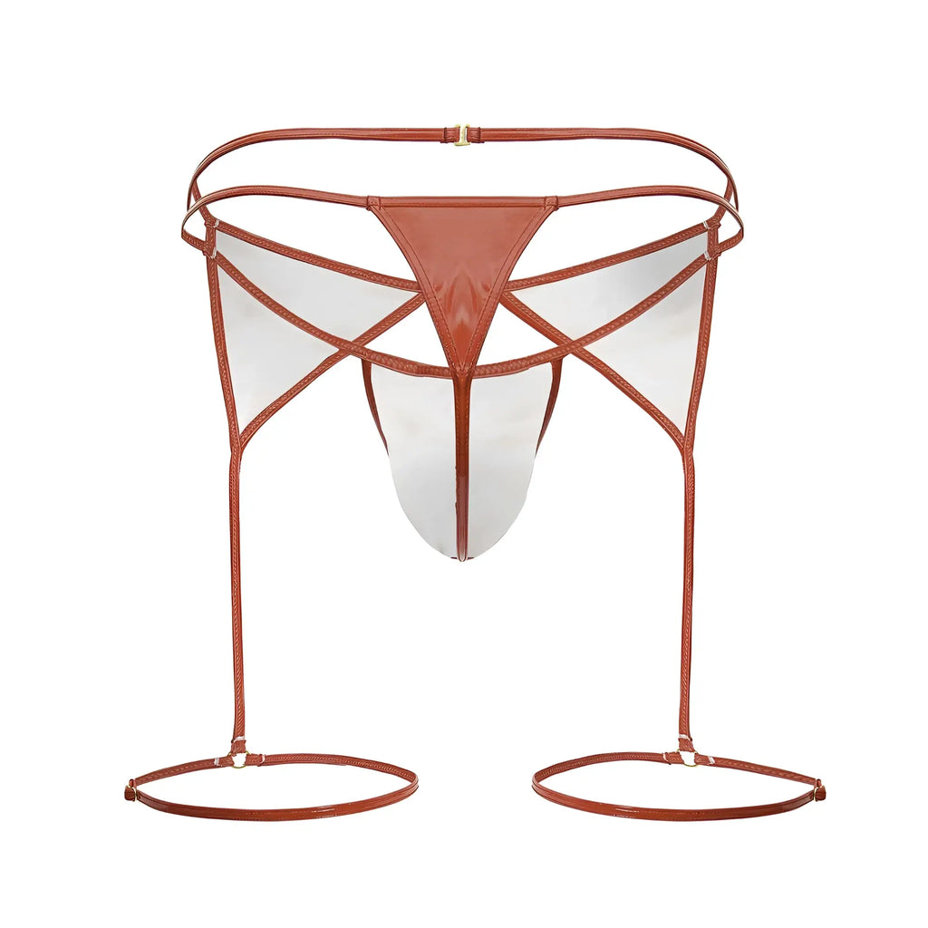 Brown leather strappy bikini bottom with transparent panels and adjustable leg loops in red candyman 99825 dom outfit