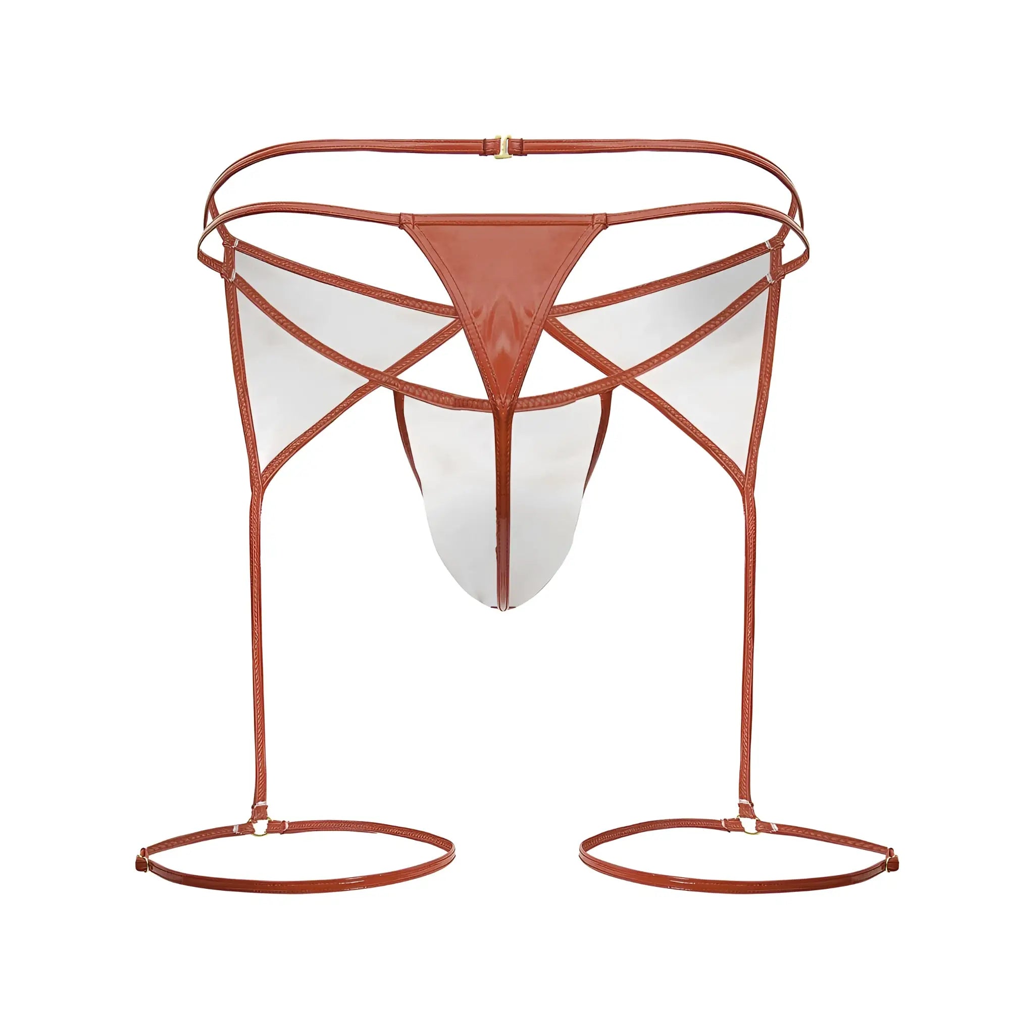 Brown leather strappy bikini bottom with transparent panels and adjustable leg loops in red candyman 99825 dom outfit