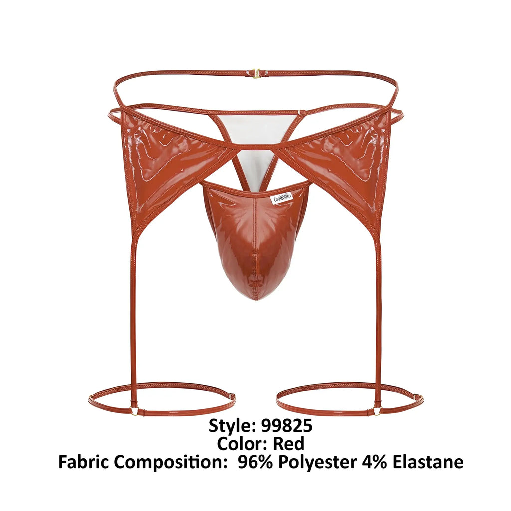 Red glossy polyester and elastane briefs with high cut design and wide straps extending into foot loops in red
