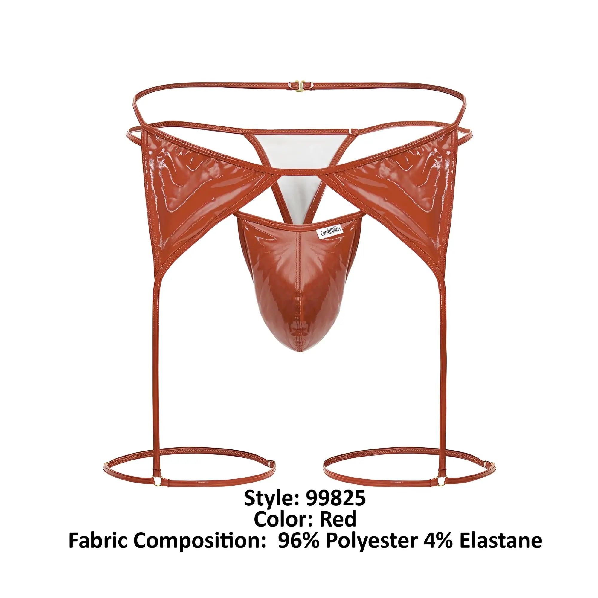 Red glossy polyester and elastane briefs with high cut design and wide straps extending into foot loops in red