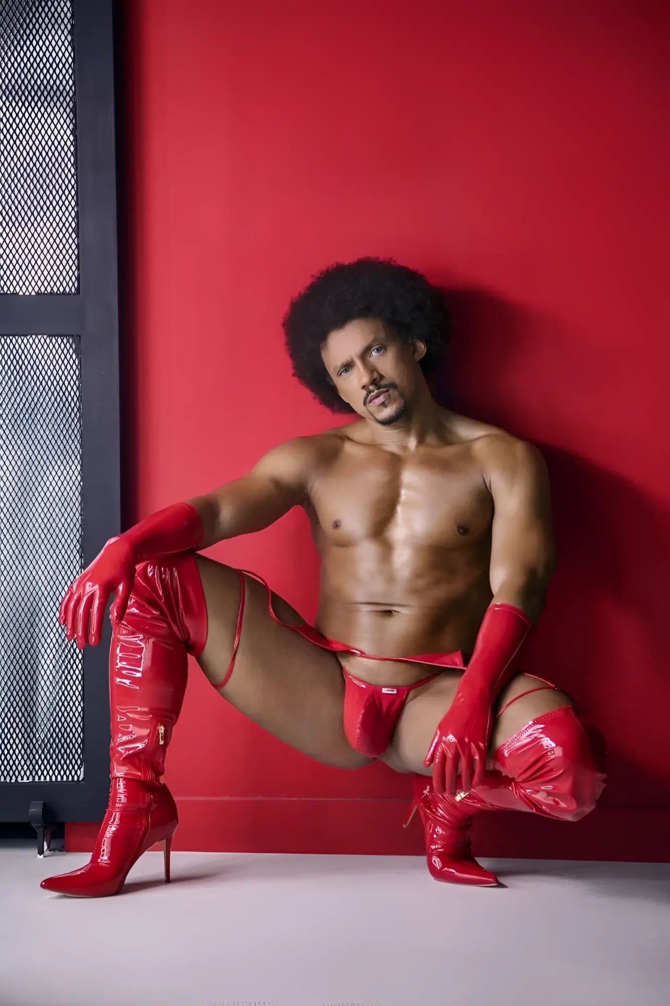 Red patent leather thigh-high boots with high stiletto heels and matching gloves from CandyMan 99825 Dom Outfit