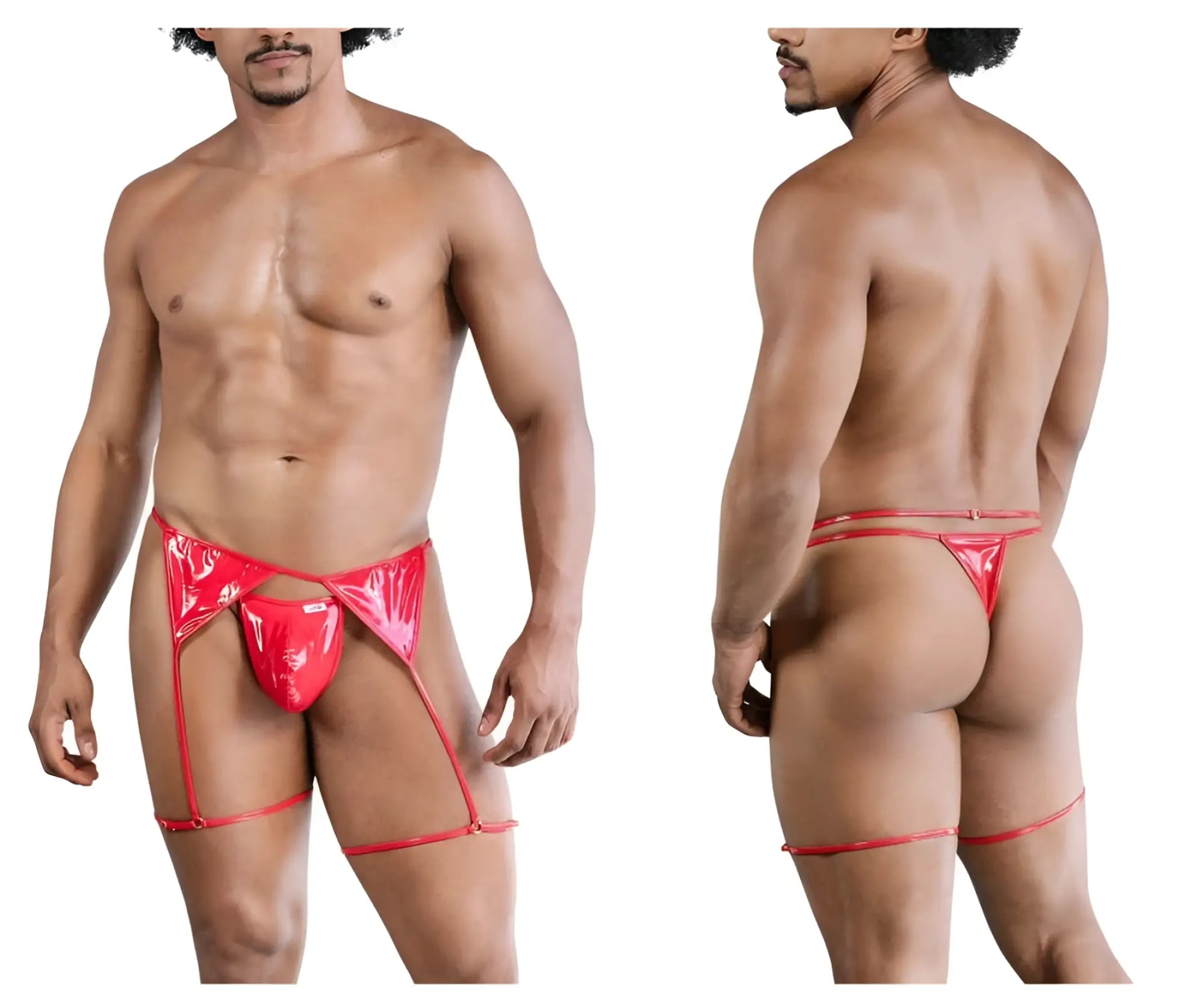 Red shiny latex thong with matching leg straps from candyman 99825 dom outfit in red showing front view