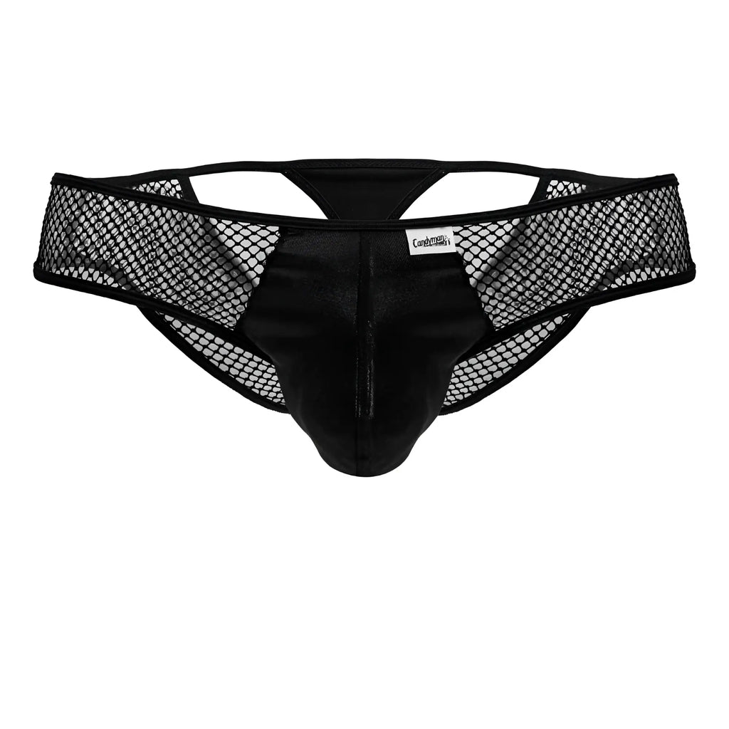 Black mesh and satin briefs with a central front panel from candyman 99826 fishnet thongs in black color
