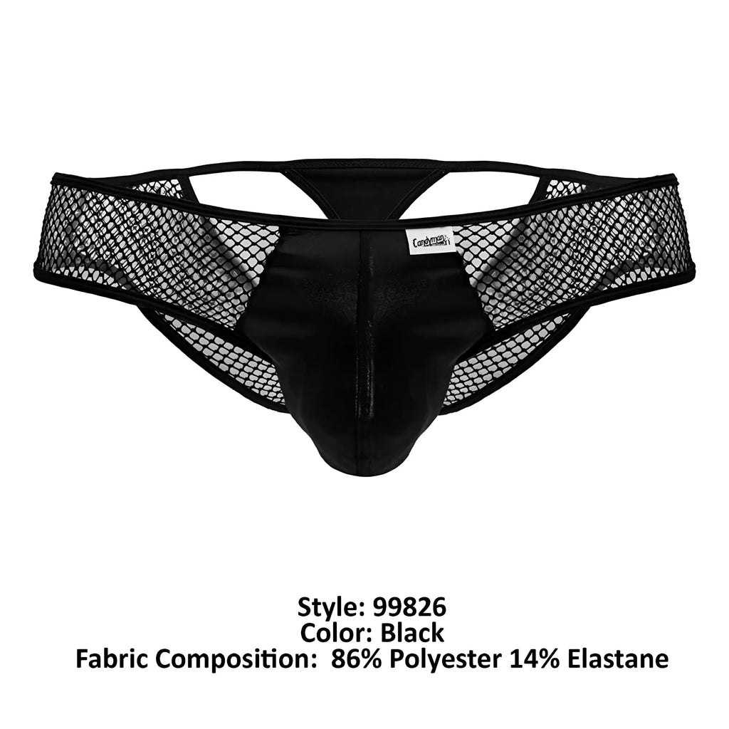 Black candyMan 99826 fishnet thong briefs with satin and mesh fabric featuring a central seam and corduroy waistband label