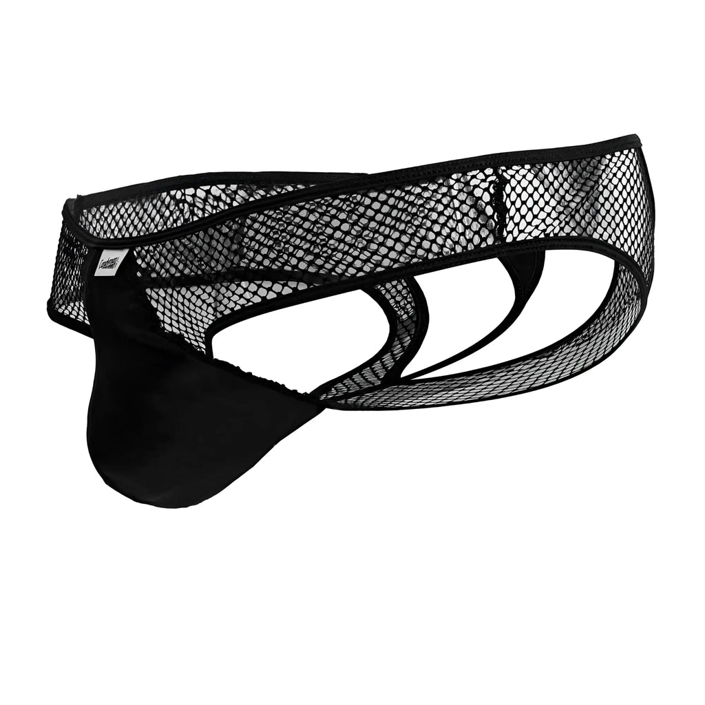 Candyman 99826 black fishnet thongs with solid padded front panel made of black mesh fabric for stylish comfort