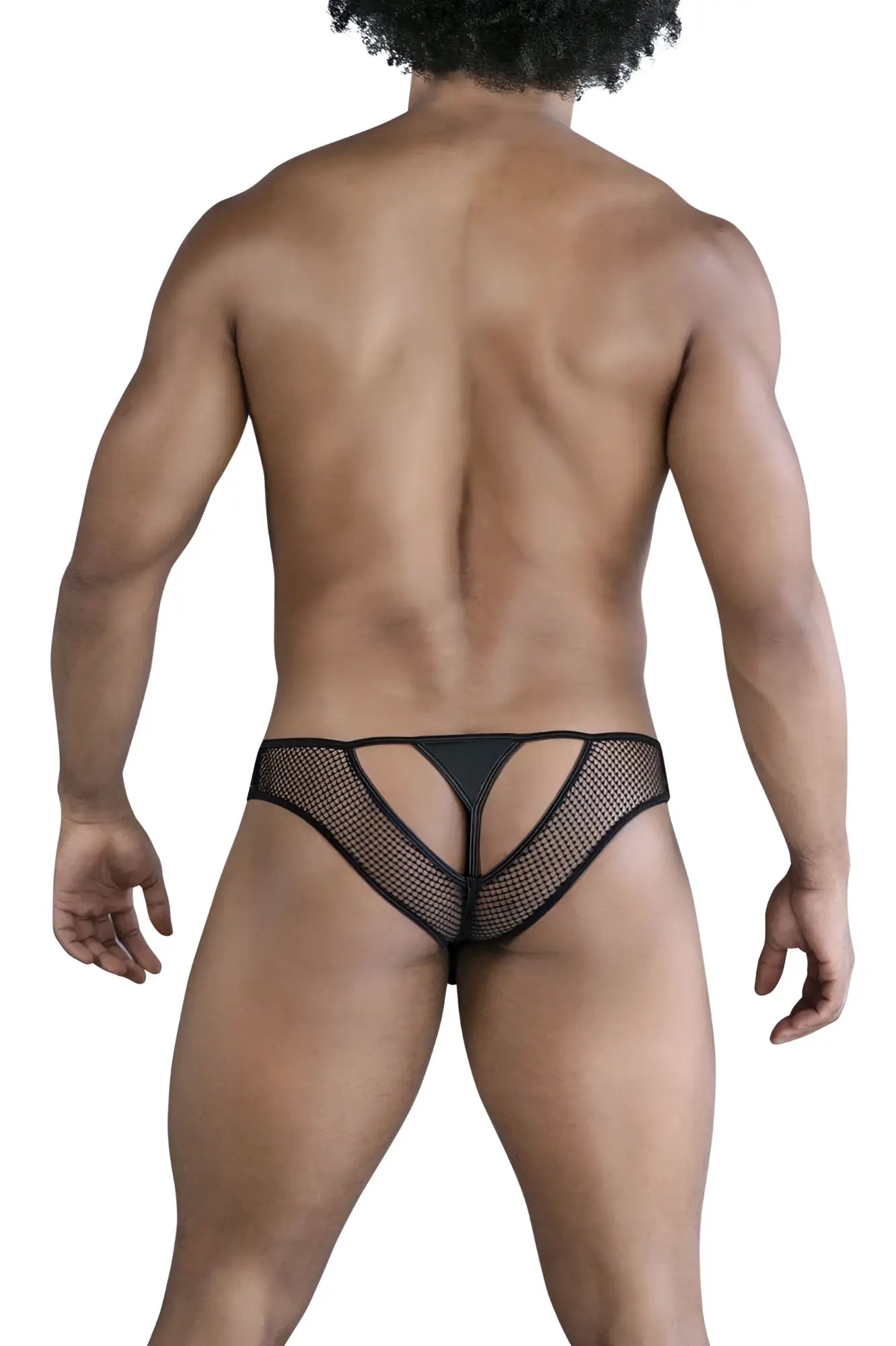 Black candyMan 99826 fishnet thong showing the back cut-out design made of mesh material