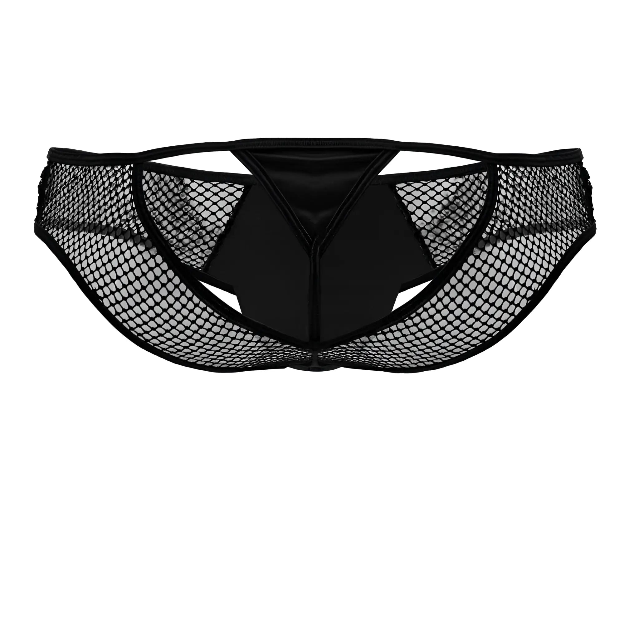 Black mesh thong with satin panel at center featuring fishnet design from candyman 99826 collection