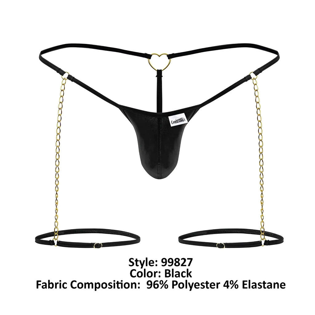 Black leather-like CandyMan 99827 chain-garter thong with gold heart ring and attached ankle cuff chains in black