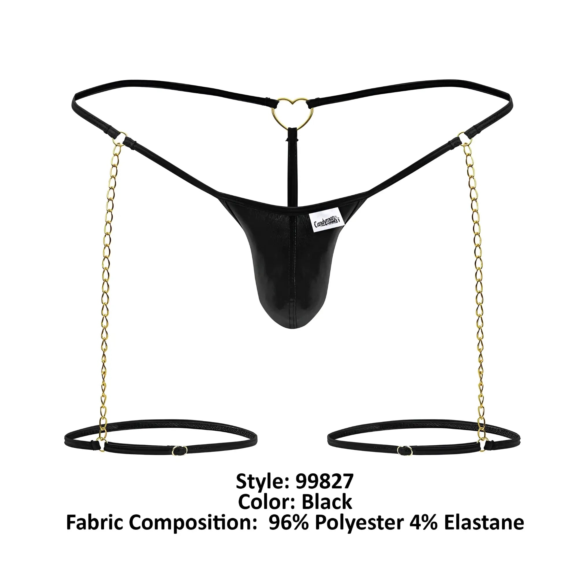 Black leather-like CandyMan 99827 chain-garter thong with gold heart ring and attached ankle cuff chains in black