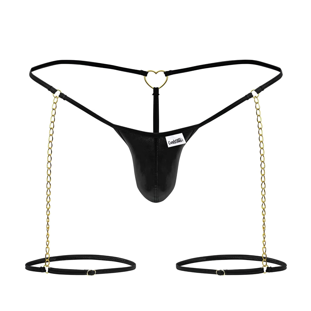 Black leather thong with gold chain straps and heart-shaped metal clasp from candyman 99827 chain-garter thongs