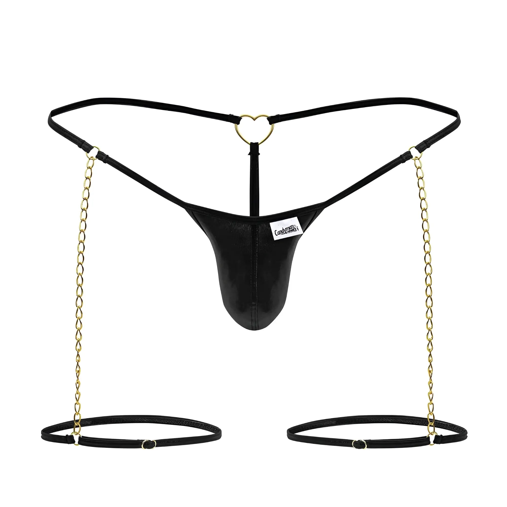 Black leather thong with gold chain straps and heart-shaped metal clasp from candyman 99827 chain-garter thongs