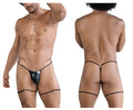 Black leather thong with gold chain detailing front view from candyman 99827 chain-garter thongs collection