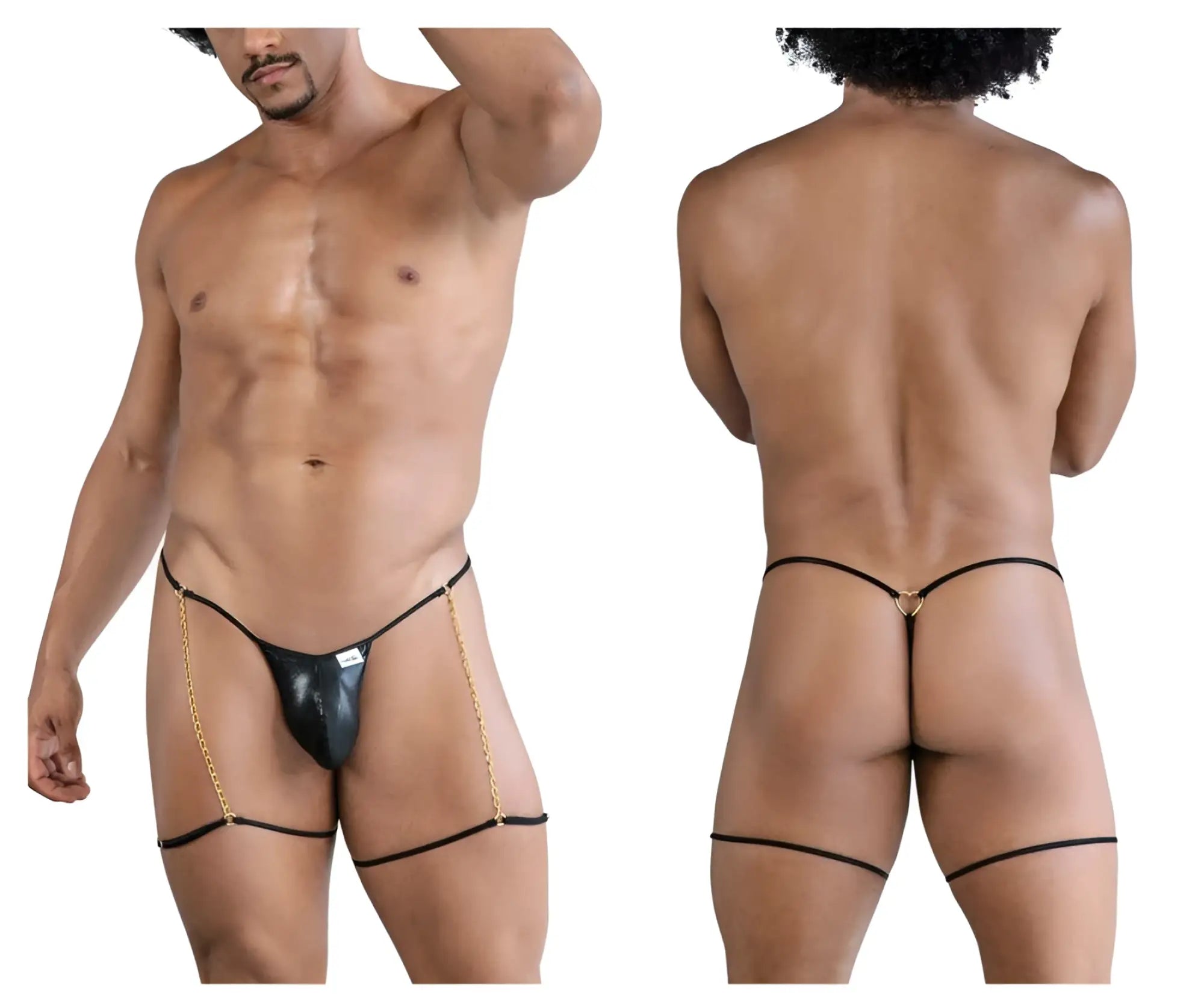 Black leather thong with gold chain detailing front view from candyman 99827 chain-garter thongs collection