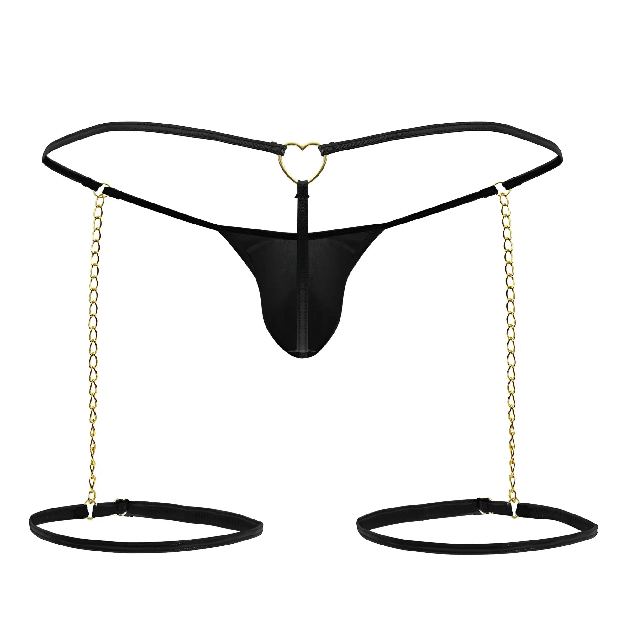 Black thong candyMan 99827 with heart-shaped metal clasp and gold chain garters attached to adjustable ankle cuffs