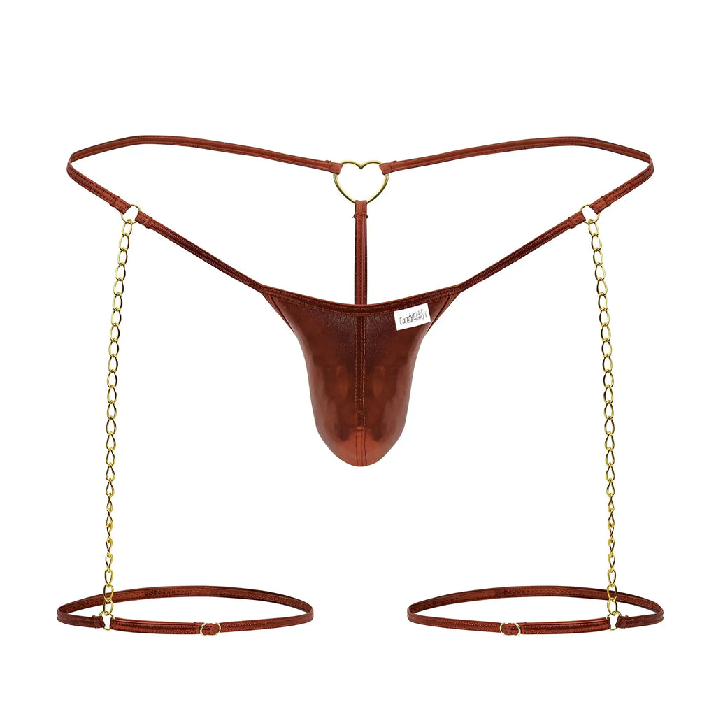 CandyMan 99827 red thong with brown metallic finish gold heart clasp and adjustable chain garter leg straps back view