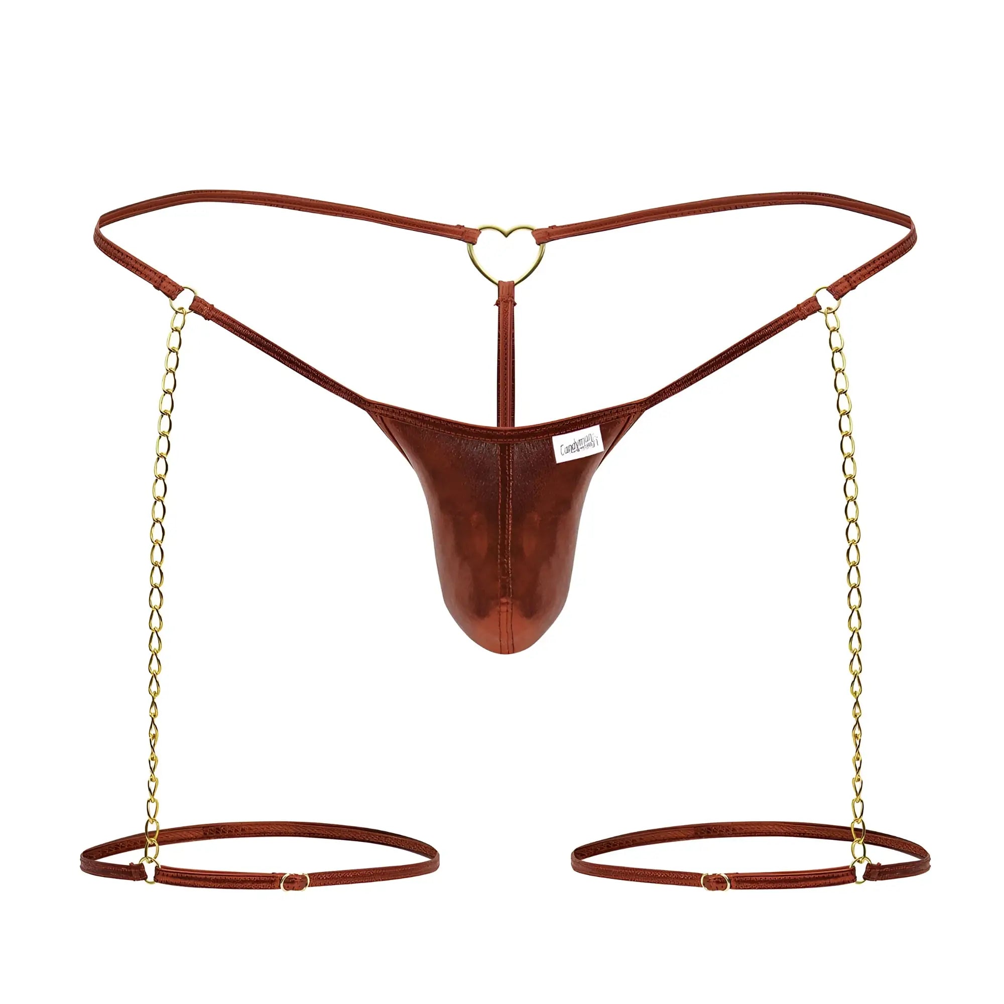 CandyMan 99827 red thong with brown metallic finish gold heart clasp and adjustable chain garter leg straps back view