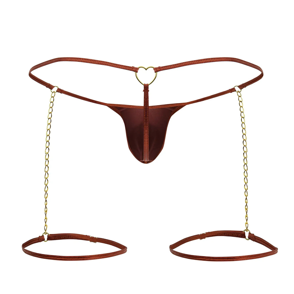 Brown satin thong with gold heart ring and chains attached to adjustable ankle cuffs from candyman 99827 red