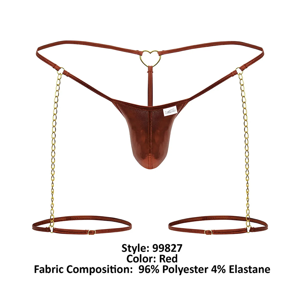 Red metallic leather thong with gold heart-shaped clasp and matching chains from candyman 99827 chain-garter thongs