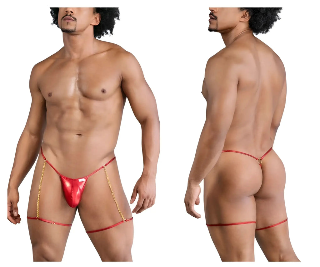Red metallic thong with gold chain straps from candyman 99827 chain-garter thongs showing front view