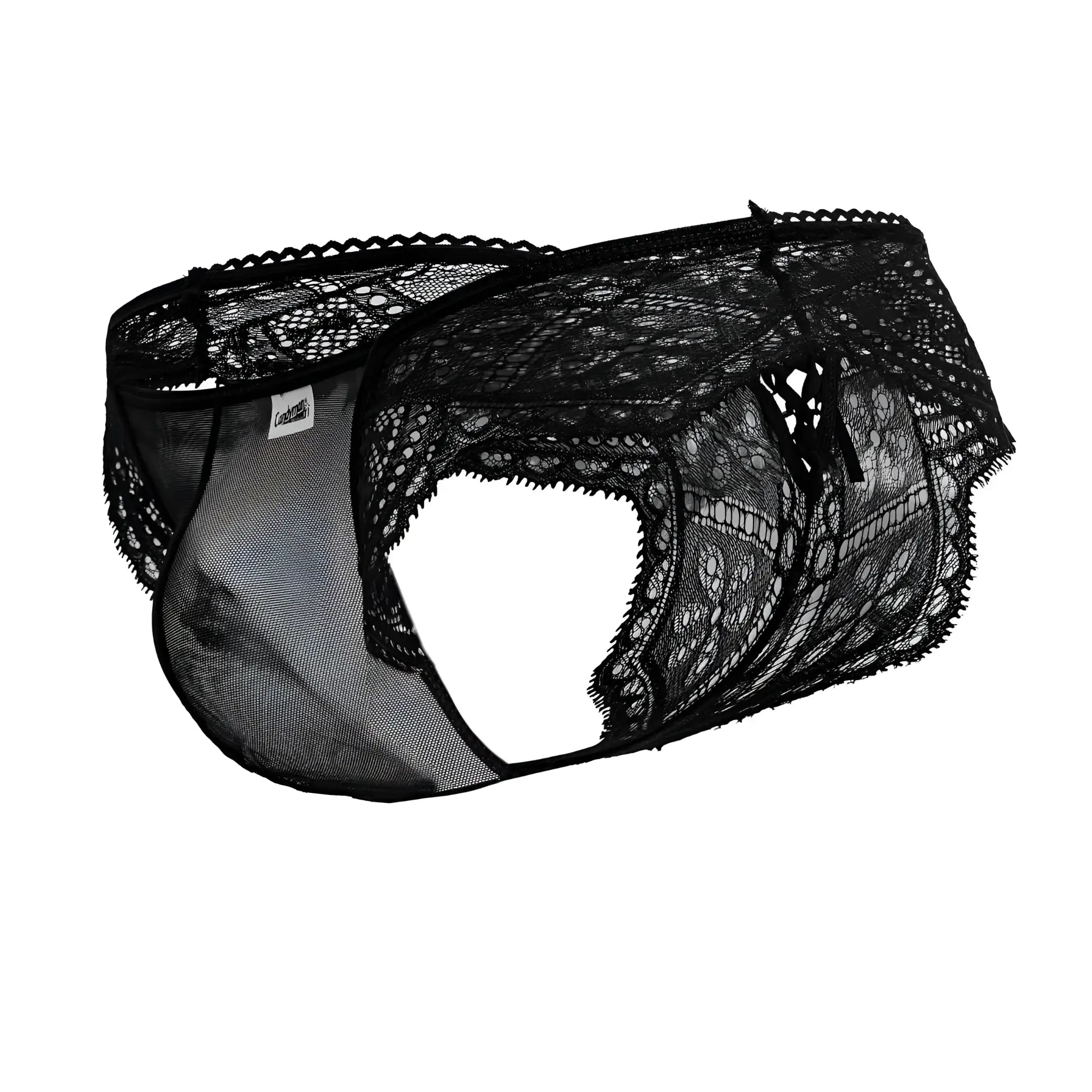 CandyMan 99828 lace-mesh thongs in black featuring intricate floral lace patterns and a breathable mesh panel for men