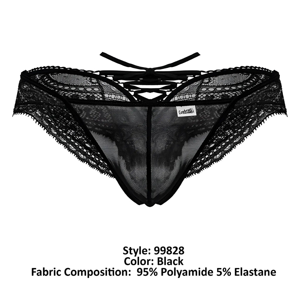 Black lace mesh thong with scalloped edges and crisscross back tie from candyman 99828 in black