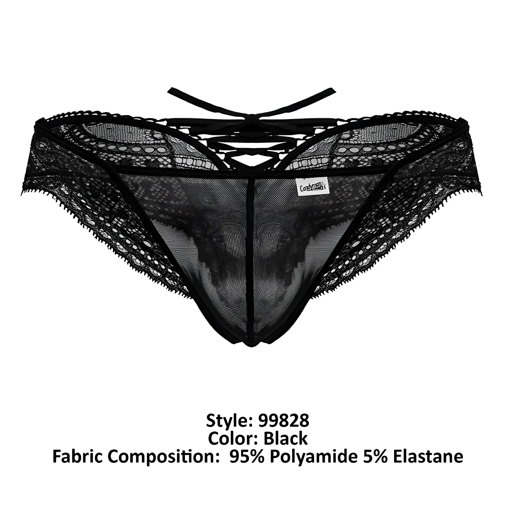 Black lace mesh thong with scalloped edges and crisscross back tie from candyman 99828 in black