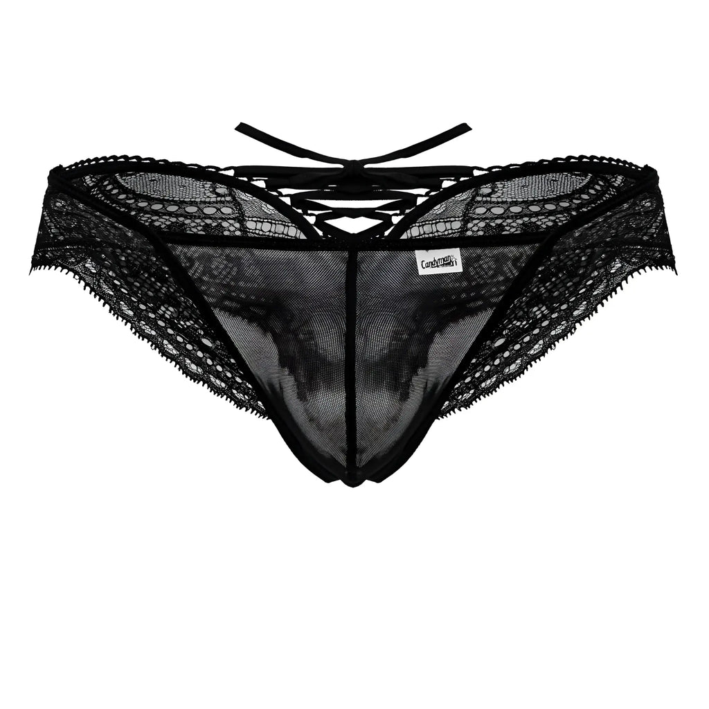 Black candyMan 99828 lace-mesh thong with crisscross back tie and sheer mesh panel shown from the back side