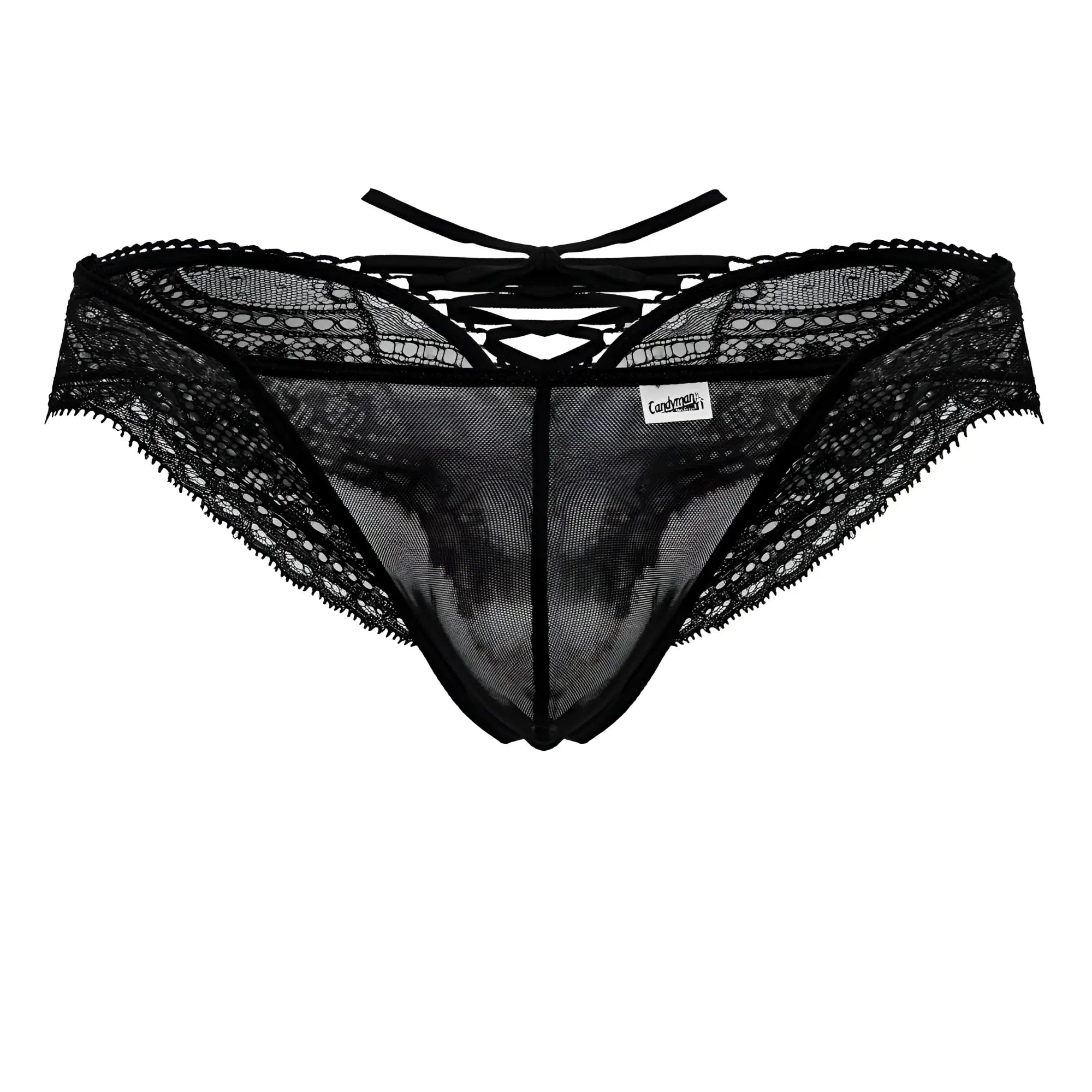 Black candyMan 99828 lace-mesh thong with crisscross back tie and sheer mesh panel shown from the back side
