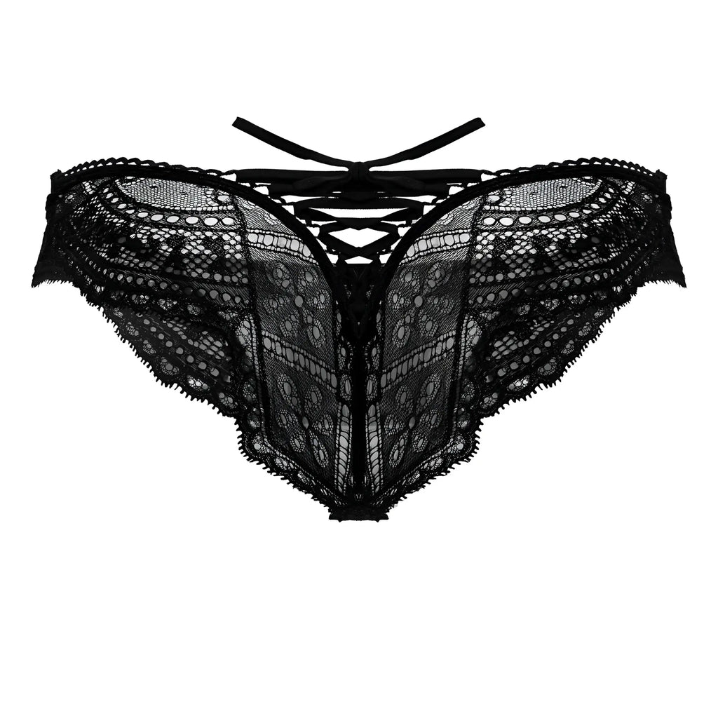 Black lace thong candyMan 99828 with intricate floral mesh patterns and tied-back design shown from the back side