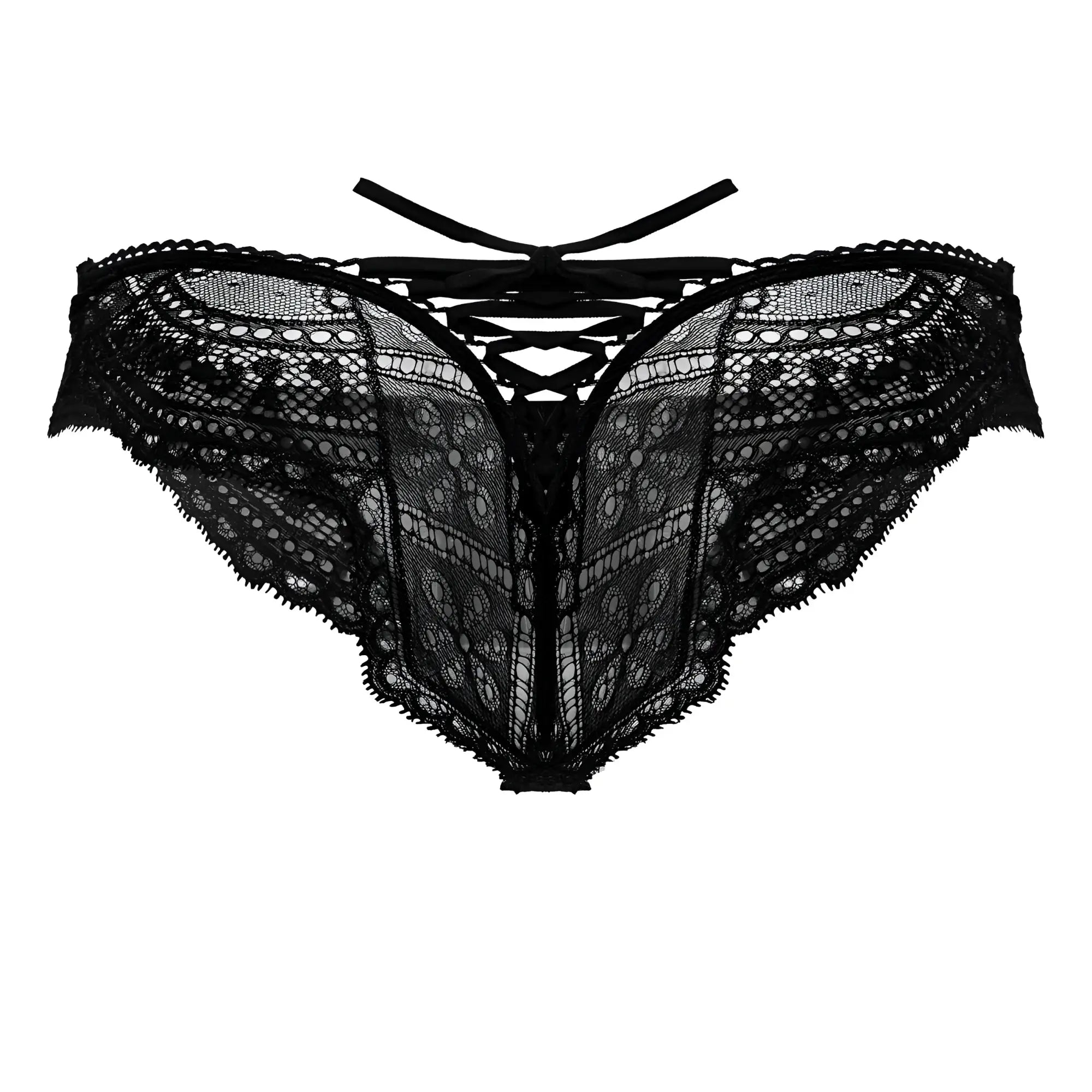 Black lace thong candyMan 99828 with intricate floral mesh patterns and tied-back design shown from the back side