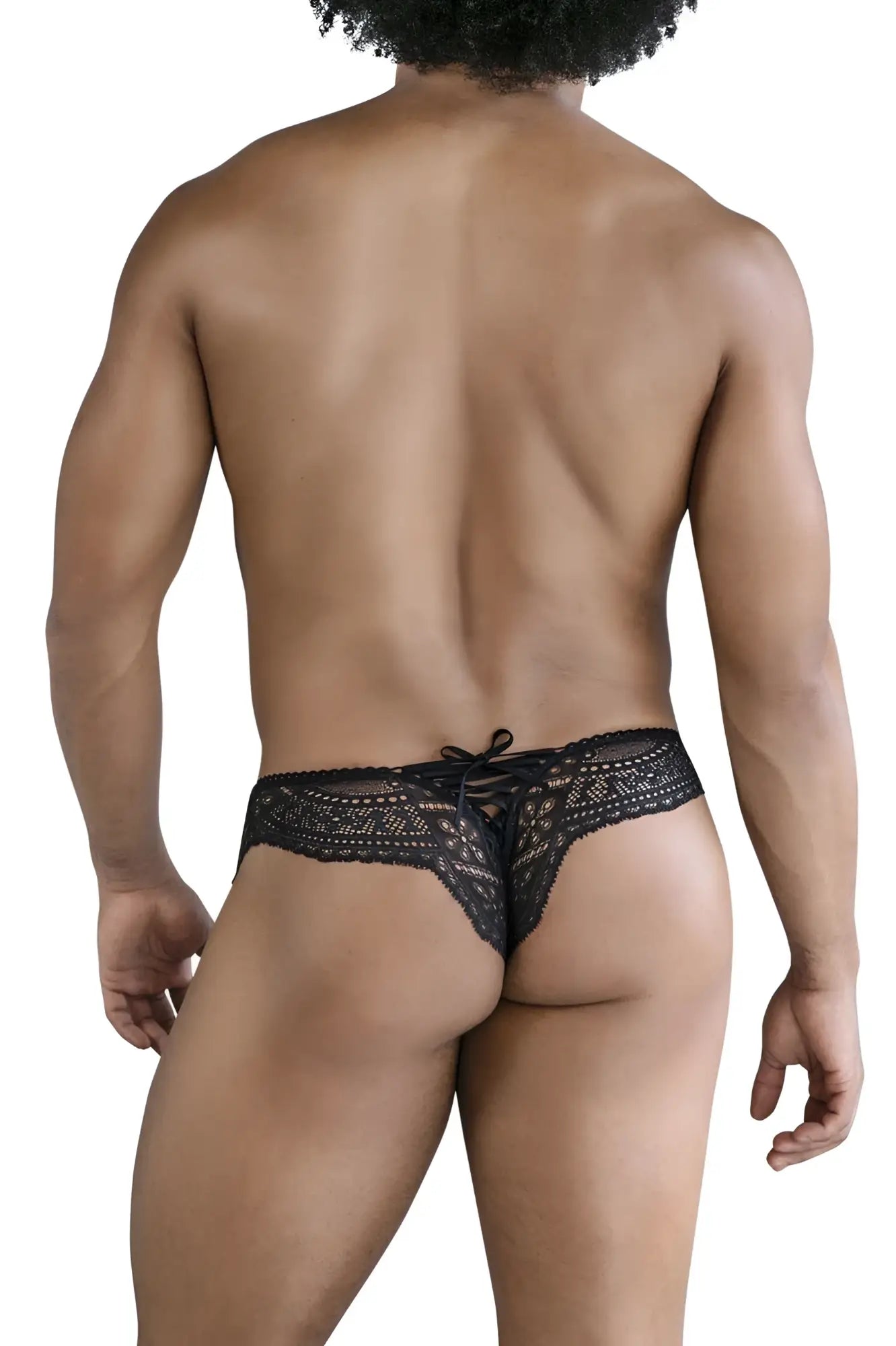 Black candyMan 99828 lace-mesh thong showing tied-back design and delicate lace material from the back side