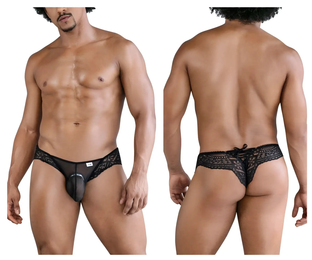 Black CandyMan 99828 lace-mesh men’s thong featuring sheer mesh front panel and lace trim