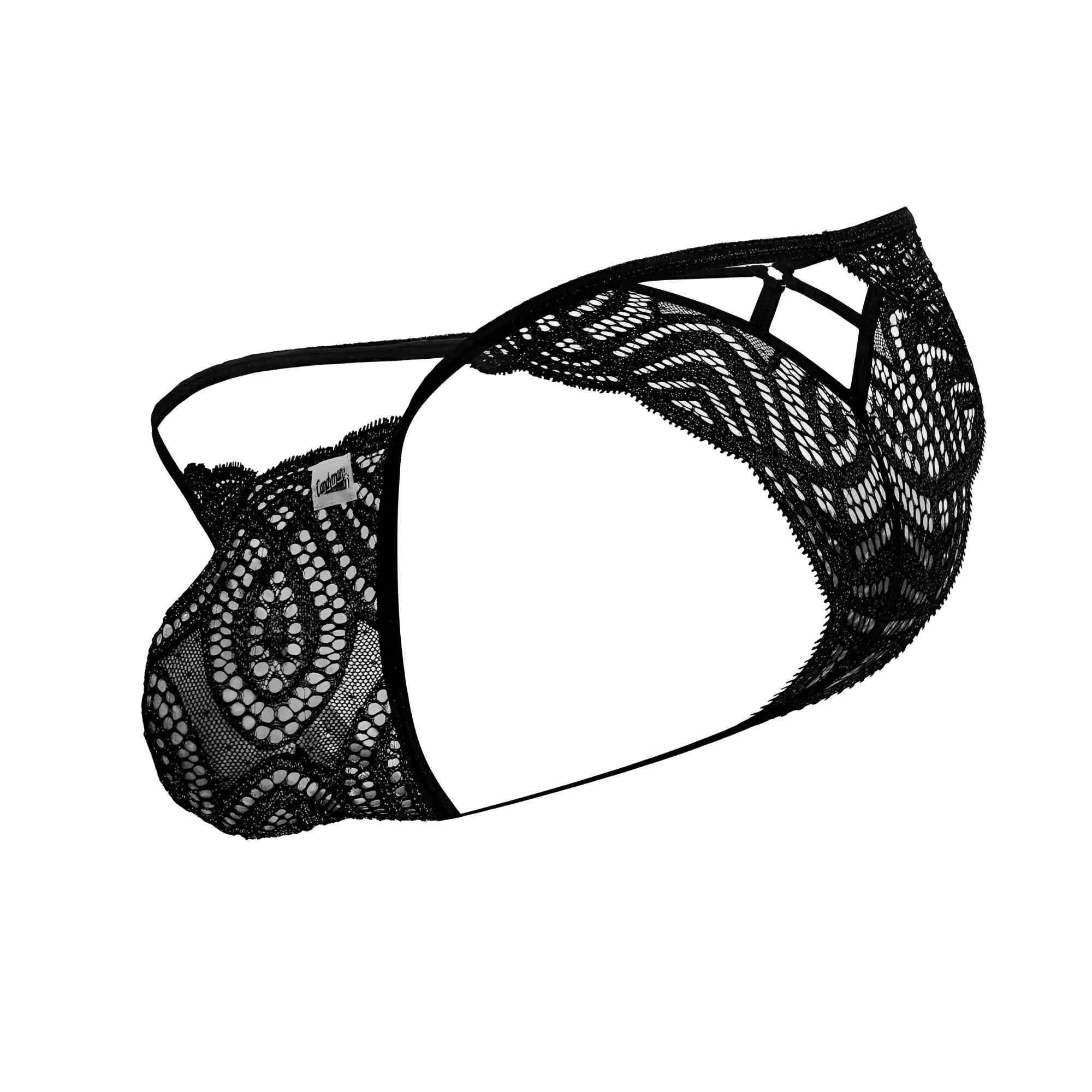 CandyMan 99829 black lace thong with intricate floral patterns and delicate sheer design front view
