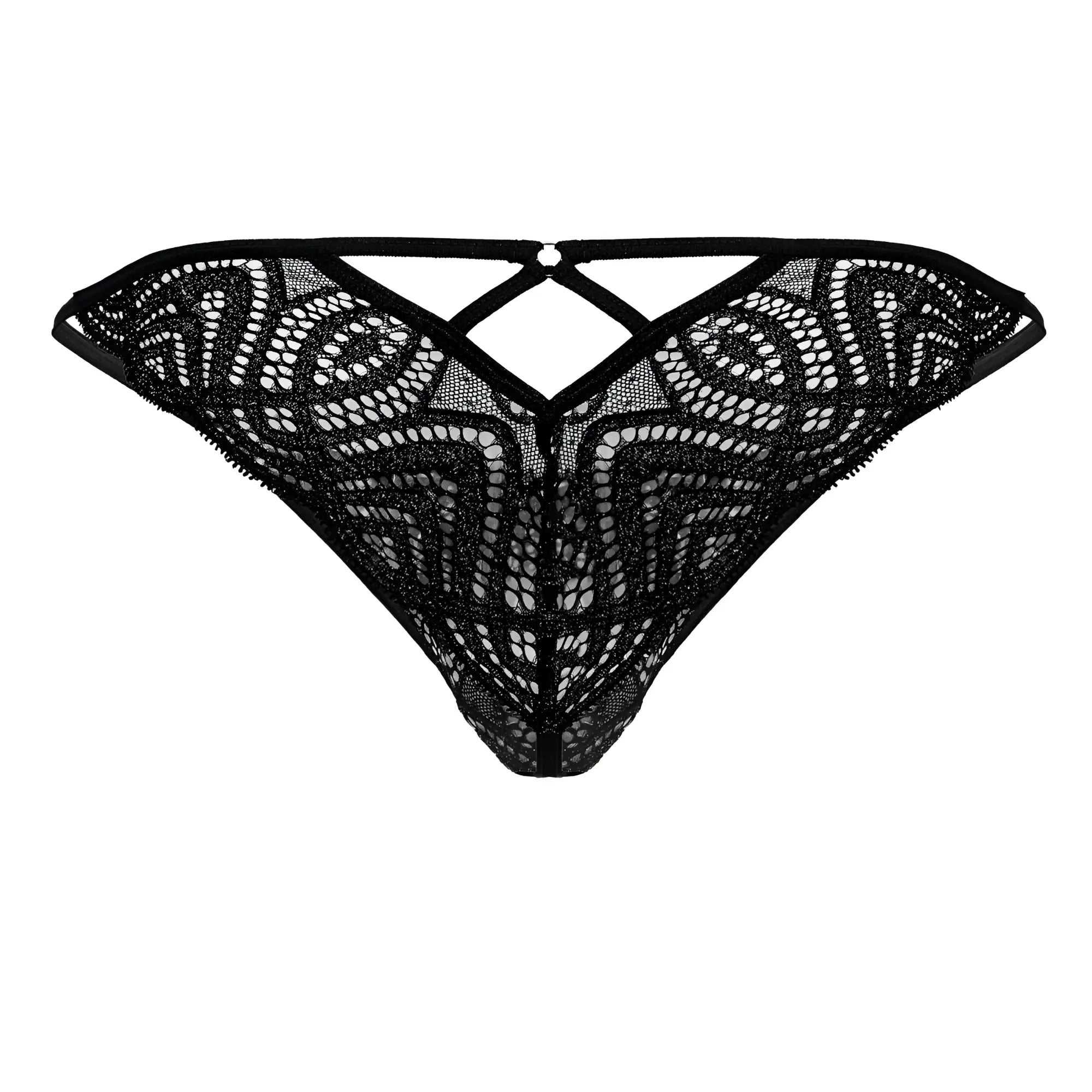 CandyMan 99829 black lace thong with intricate geometric and circular patterns and crisscross back design showing back side