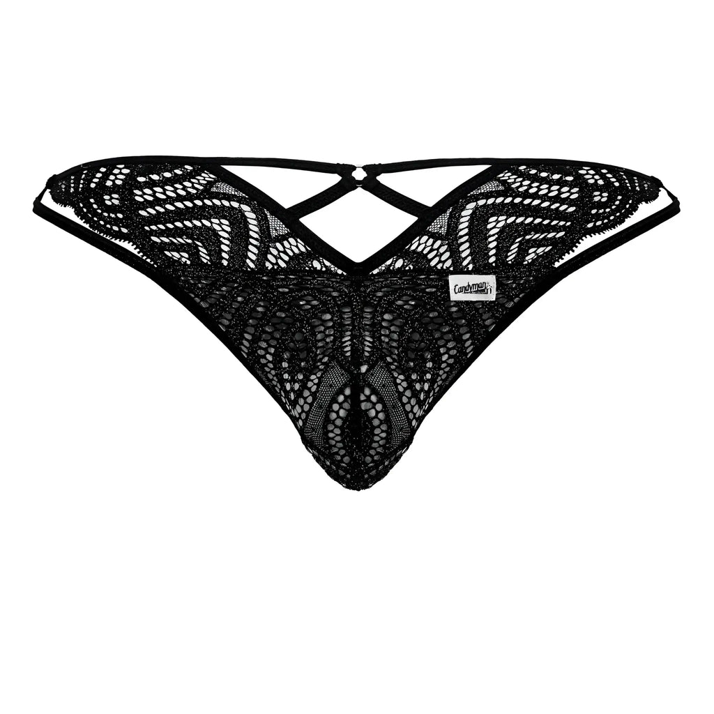 Black lace thong candyMan 99829 featuring intricate geometric patterns and a crisscross back design