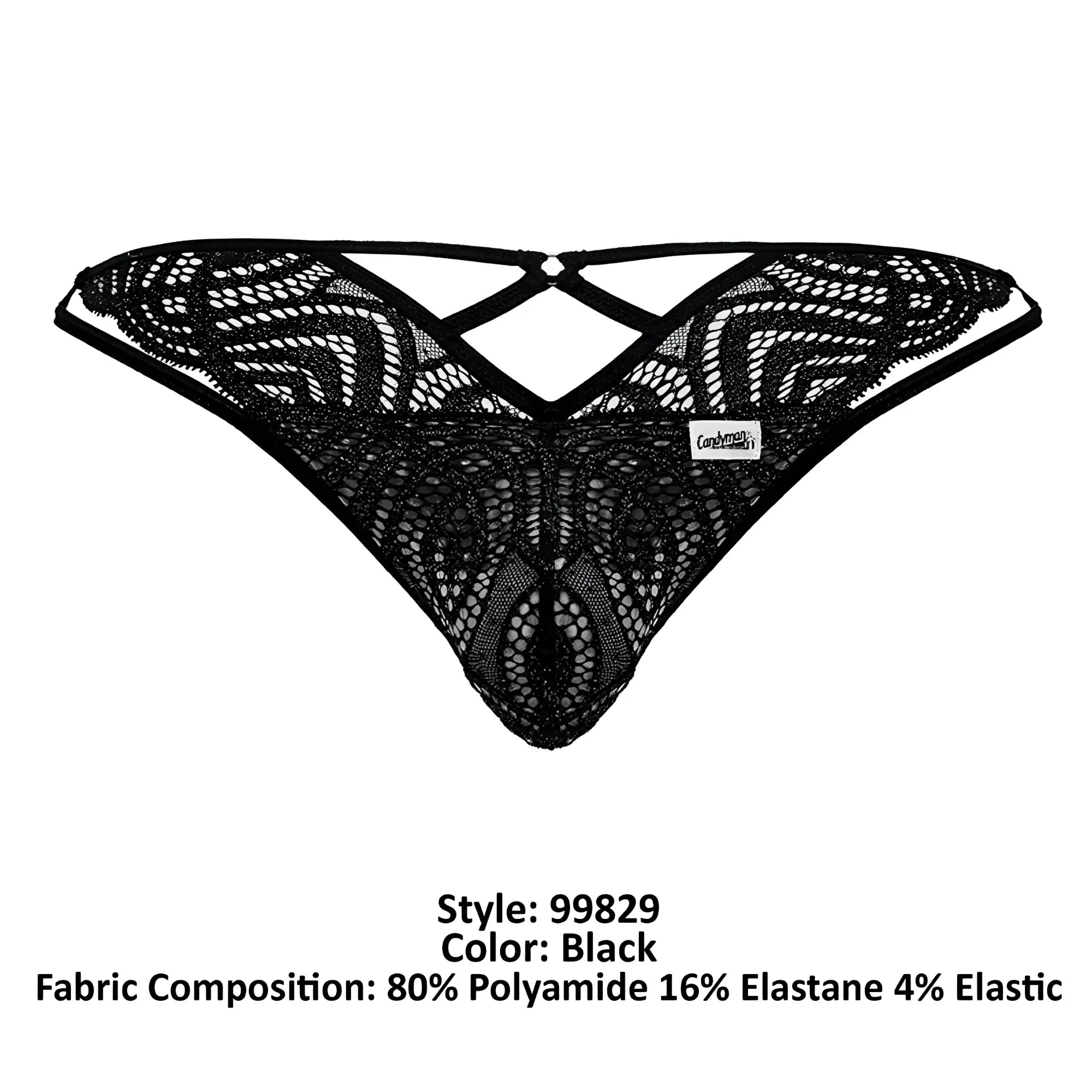 CandyMan 99829 black lace thong with intricate patterned design and crisscross back strap shown from the back side