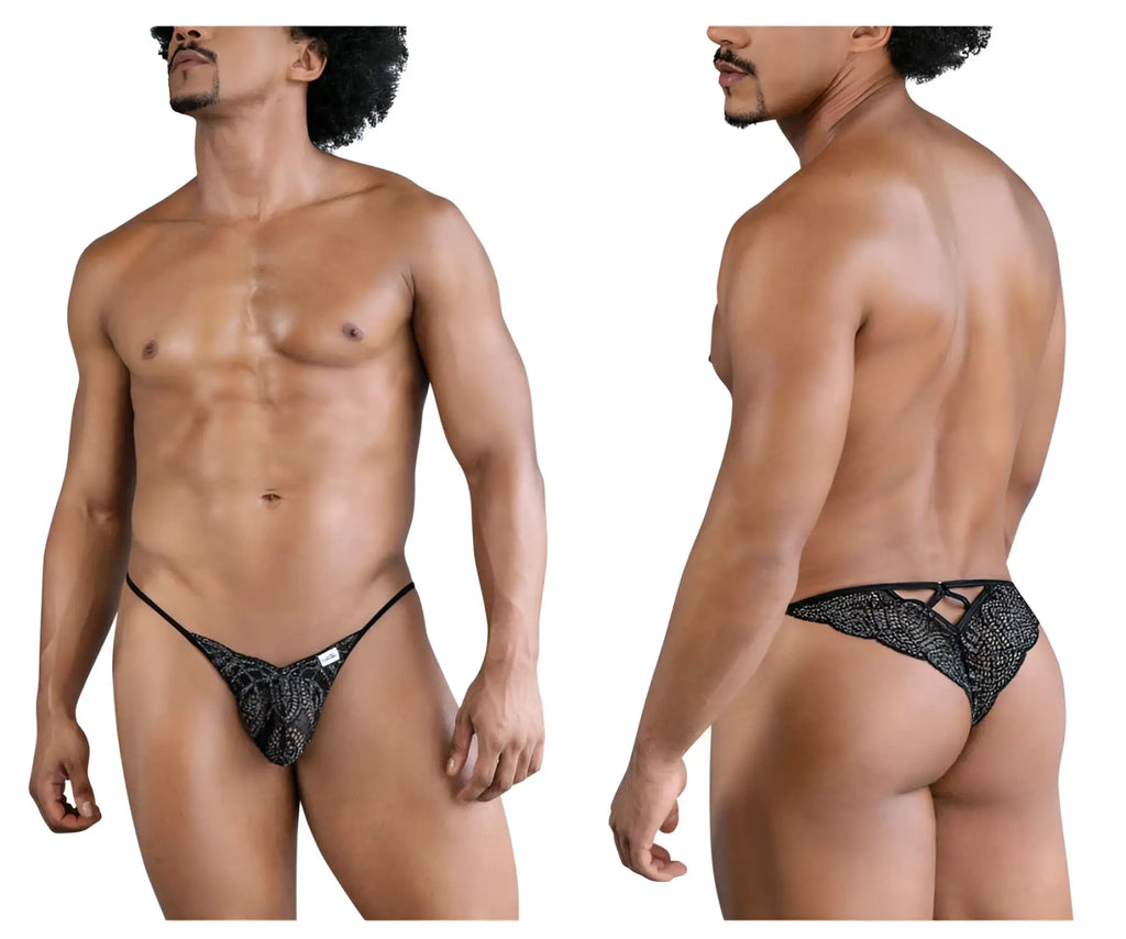 Black lace thong candyMan 99829 with textured patterned design and adjustable straps in color black