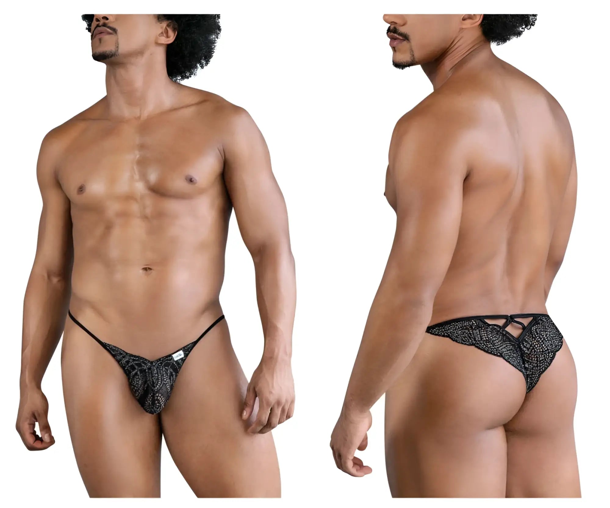 Black lace thong candyMan 99829 with textured patterned design and adjustable straps in color black