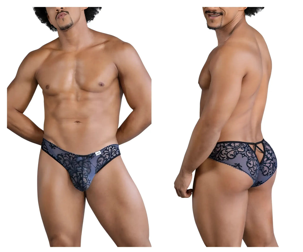Dark blue lace-trimmed mens briefs with back tie design by candyman 99830 in black-navy color